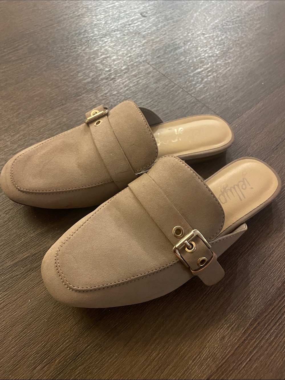 Jellypop Tan Suede Slip-On Mules with Gold Buckle